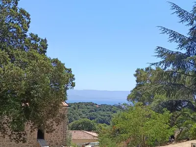a view of the ocean from a house with trees at T3 en rez de villa sur les hauteurs d'Ajaccio in Ajaccio