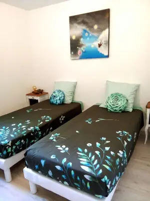 two beds sitting next to each other in a room at T3 en rez de villa sur les hauteurs d'Ajaccio in Ajaccio
