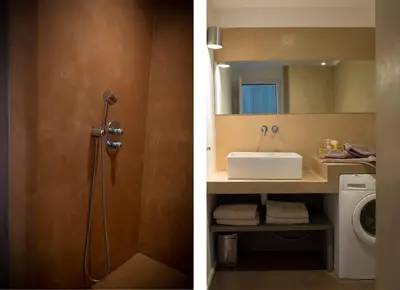 two pictures of a bathroom with a sink and a mirror at Immeuble La Mer in Porto-Vecchio
