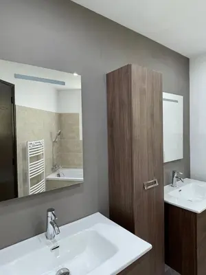 a bathroom with two sinks and a mirror at Les Hauts de Capo - Domaine privé à proximité de Porto-Vecchio in Lecci