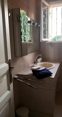 a bathroom with a sink and a mirror at Mare è Monte , jardin méditerranéen et exotique. in Ghisonaccia
