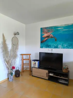 a living room with a flat screen tv on a stand at Havre de paix T3 vue mer in Conca