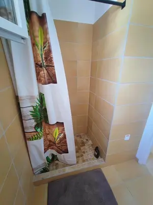 a shower in a bathroom with a shower curtain at Havre de paix T3 vue mer in Conca