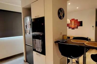 a kitchen with a refrigerator and a table with chairs at Magnifique T2 in Ajaccio