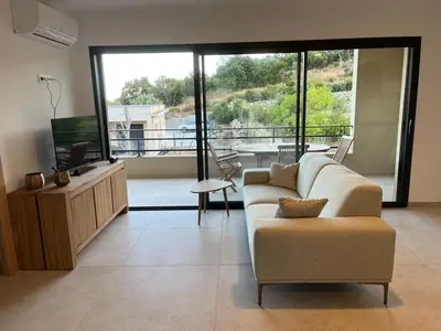 a living room with a couch and a flat screen tv at Appartement climatisé Pinarello in Zonza