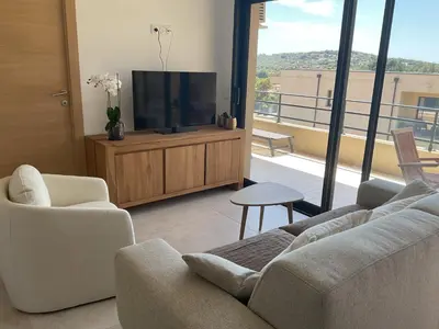 a living room with a couch and a flat screen tv at Appartement climatisé Pinarello in Zonza