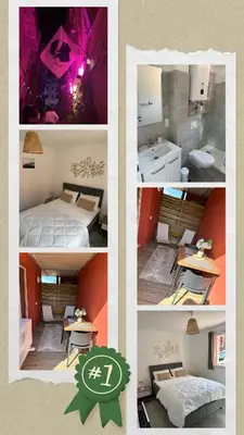 a collage of photos of a bedroom and a bathroom at Résidence les Hameaux de Saint Cyprien appartement LUNA 132 in Lecci
