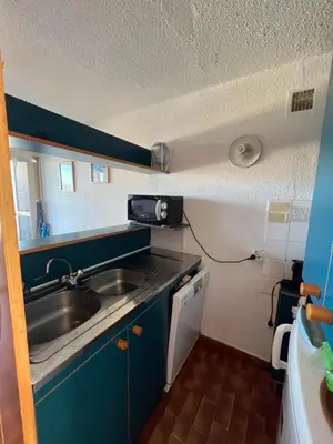 a small kitchen with a sink and a microwave at Bella Vista 34 , T2 vue mer, piscine ,climatisé Porticcio in Porticcio