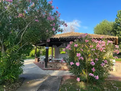 a garden with a pavilion with pink flowers at Résidence Marina di pinarello Mini Villa 6 personnes à 400 m de la plage in Zonza