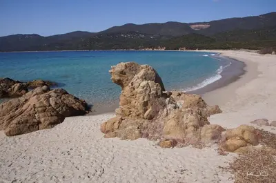 a sandy beach with rocks and the ocean at A CASA DI ROSA in Serra-di-Ferro