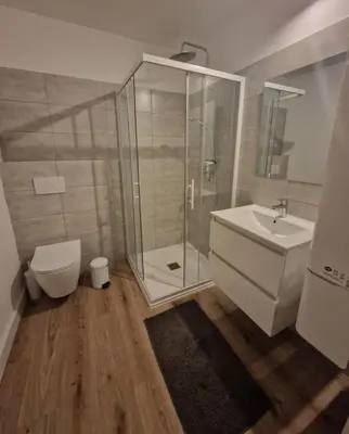 a bathroom with a shower and a toilet and a sink at Résidence Fiori di Cala Rossa in Lecci