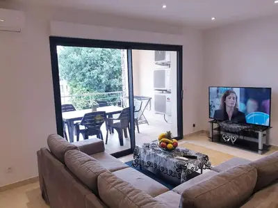 a living room with a couch and a flat screen tv at Maison centre-ville in Penta-di-Casinca