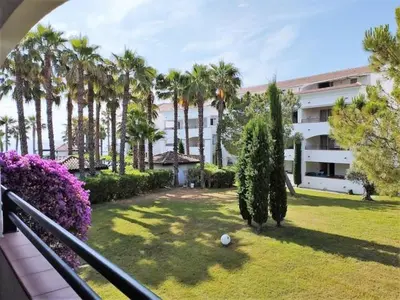a view of a yard with palm trees and a building at Casa Emma les pieds dans l'eau in San-Nicolao