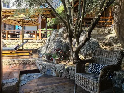 a patio with a tree and two benches and an umbrella at Chambre d'hôte Casa Maredda in Porticcio