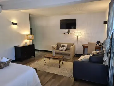 a hotel room with a bed and a couch and a tv at Chambre d'hôte Casa Maredda in Porticcio