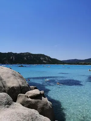 a group of people swimming in a body of water at Les chalets de Palavesa in Porto-Vecchio