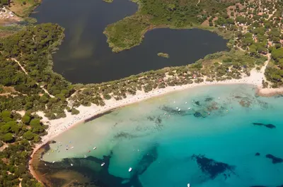 an aerial view of a beach and the ocean at Villa Coucou Les Amis in Sainte-Lucie de Porto-Vecchio