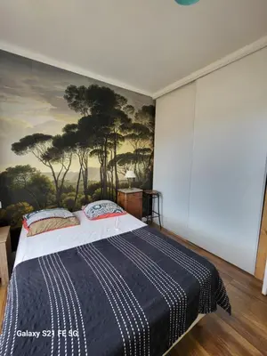 a bedroom with a bed with a painting on the wall at T3 Ajaccio vue mer in Ajaccio