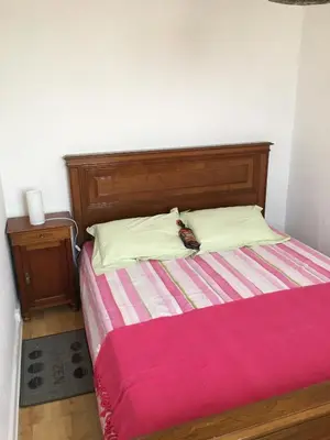 a bed with a wooden headboard and a pink blanket at Petite villa le clan in Ajaccio