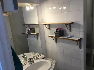 a bathroom with a sink and a toilet and shelves at Petite villa le clan in Ajaccio