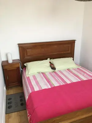 a bed with a wooden headboard and a pink blanket at Petite villa le clan in Ajaccio