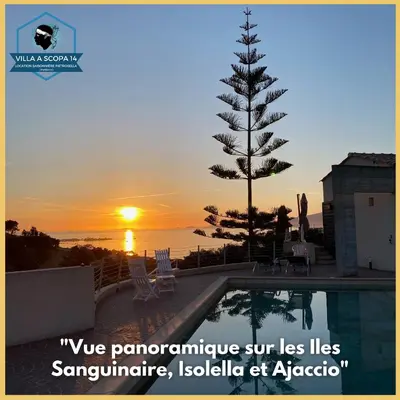 a tree sitting next to a swimming pool with a sunset at VILLA A SCOPA 14 VUE PANORAMIQUE MER * in Pietrosella