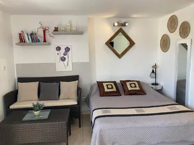 a small bedroom with two beds and a table at Studio à 200m du centre ville de Porto Vecchio,jardin, terrasse parking privé in Porto-Vecchio