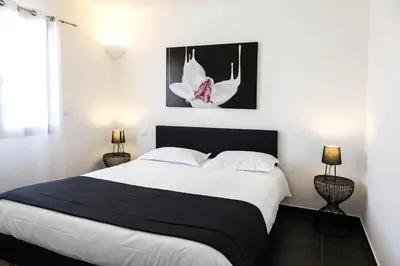 a bed with a yellow pillow and a tropical wallpaper at l'Albitru in Bonifacio