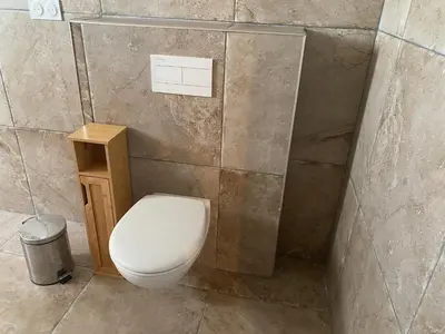 a bathroom with a toilet in a stone wall at Maison de charme en bord de mer in Lucciana
