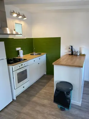 a kitchen with a sink and a stove top oven at Grand chalet d’été avec piscine in Bonifacio