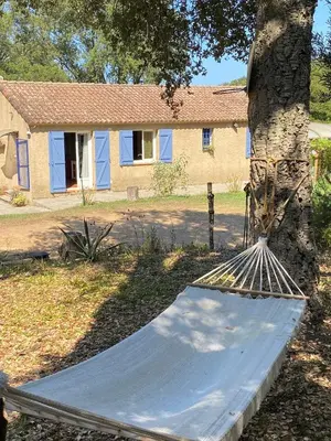 a hammock next to a tree in front of a house at Maison au calme piscine mer au coeur de la nature U Nuciolu in Talasani