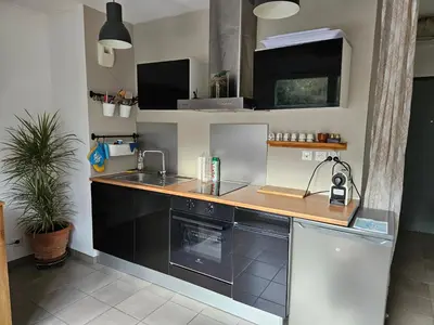 a kitchen with a sink and a stove at Appartement cosy climatisé dans résidence fermée in Sarrola-Carcopino