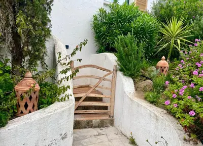 a staircase in a garden with flowers and plants at Villa LILY BAY baie de Santa Giulia-Porto Vecchio in Porto-Vecchio