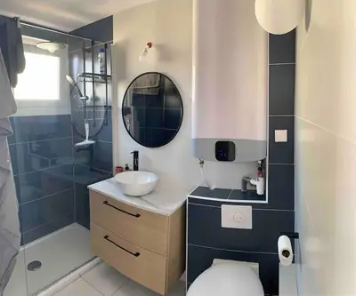 a bathroom with a sink and a toilet and a shower at Appartement duplex Porticcio avec parking in Porticcio