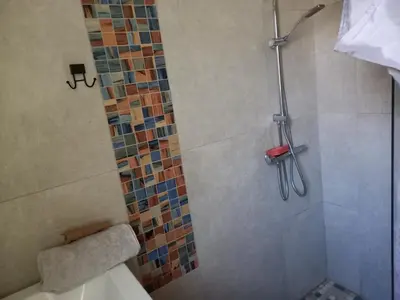 a bathroom with a shower with mosaic tiles at Maison neuve Vue imprenable Piscine et spa in Calenzana