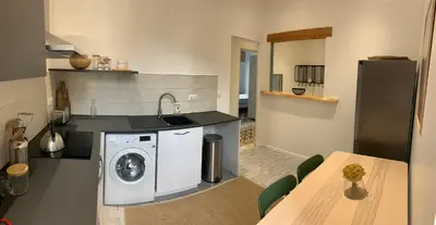 a kitchen with a washing machine and a table at Superbe appartement centre ville Ajaccio in Ajaccio