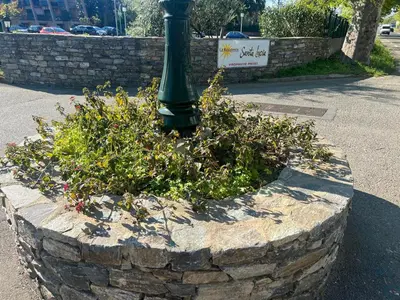 a green lamp post in a flower bed around a street light at Casa Virginia in Santa-Lucia-di-Moriani