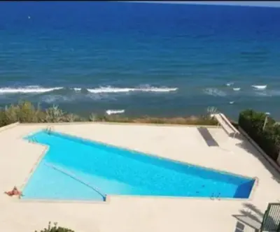 a swimming pool with the ocean in the background at Casa Virginia in Santa-Lucia-di-Moriani
