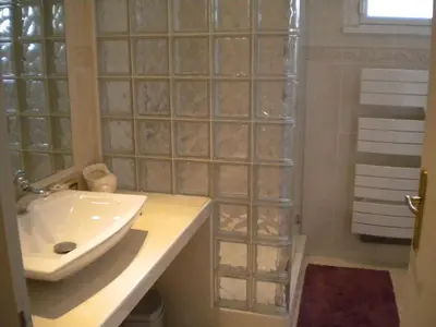 a bathroom with a sink and a glass walled shower at Chambre hôtes Wagram in Ajaccio