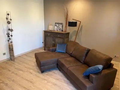 a living room with a brown couch and a table at Bergerie entièrement rénovée in Viggianello