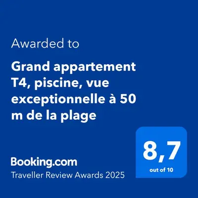 a screenshot of a phone screen with the text awarded to grand agreement at Grand appartement T4, piscine, vue exceptionnelle à 50 m de la plage in Propriano