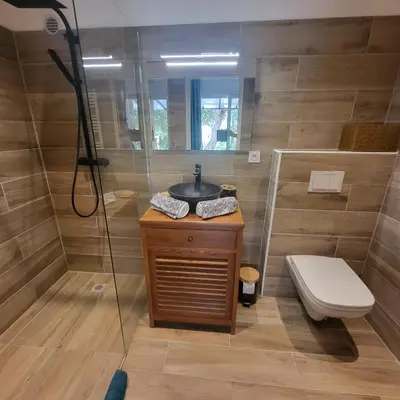 a bathroom with a shower with a sink and a toilet at La RoseDan in Pianottoli-Caldarello