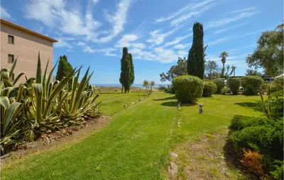 a yard with trees and grass and a building at Lovely Apartment In Moriani Plage in Moriani Plage