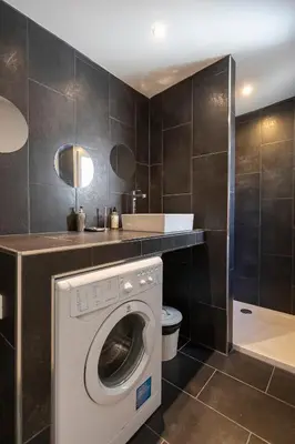 a laundry room with a washing machine in a bathroom at Les Appartements du Roi de Rome - Hypercentre Ajaccio in Ajaccio