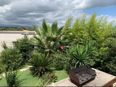 a garden with palm trees and a wooden table at MONTE LEONE in Bonifacio