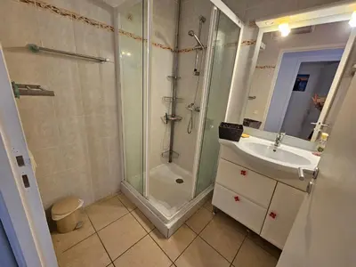 a bathroom with a shower and a sink at Palmeraie 130- vue mer et village- plage et commerces à pieds in Sari Solenzara