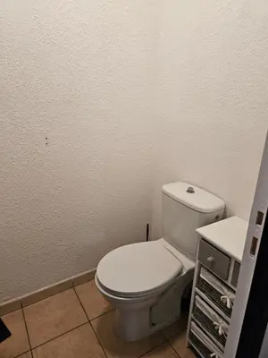 a bathroom with a white toilet and a sink at Palmeraie 406- vue piscine- clim- proche plage et commerces in Sari Solenzara