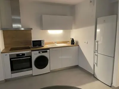 a kitchen with a refrigerator and a dishwasher at Superbe T2 neuf Bonifacio avec parking gratuit in Bonifacio