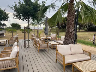 a deck with chairs and tables and a palm tree at Corsica Poggio in Poggio-Mezzana