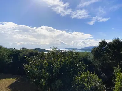 a view of a field with trees and the ocean at Villa Arazu, 10 personnes, piscine chauffée, vue mer, 15 minutes à pieds plage in Cirendinu